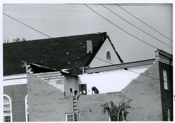 A Baptist church damaged after the 1970 tornado in Bridgeport, W. Va.