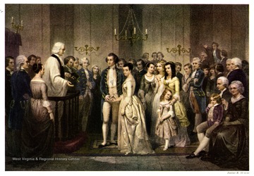 'The marriage of George Washington and Martha Dandridge Custis is beautifully portrayed by Junius B. Stearns.  The known facts regarding the marriage have been adhered to, and likenesses faithfully depicted.  The two sisters of the bride, her children, and General Washington's sister Betty, afterward Mrs. Fielding Lewis, are easily recognizable.  The delicate colors and rich fabrics worn at that time are brought out in delightful detail.  The bride and groom are shown in the attire of the period, the bride in satin without a veil, as was customary with widows marrying a second time.  The lithograph from which this copy was made was executed in Paris in 1854 by Regnier, Imp., Lemercier, and is considered a remarkable reproduction of the original painting.  "The marriage of George Washington and Mrs.. Custis," which took place on January 6, 1759.