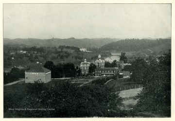 This view from the hill above the University shows five of the buildings, and the Monongahela River in the distance.  From the booklet, 'West Virginia University and its Picturesque Surroundings,1901.'