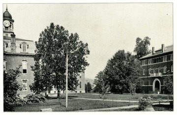 'This part of the campus shows the Circle and corners of Martin Hall, Science Hall, and University Hall.'  The picture is from a booklet, 'West Virginia University and its Picturesque Surroundings, 1901.'