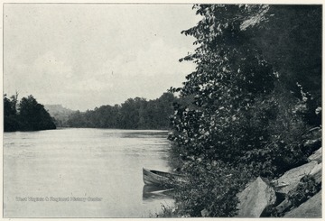 'The campus extends down to the edge of the river, which presents a beautiful expanse of slack water, and offers exceptional facilities for boating.'  This photo is from a booklet, West Virginia University and its Picturesque Surroundings, 1901.