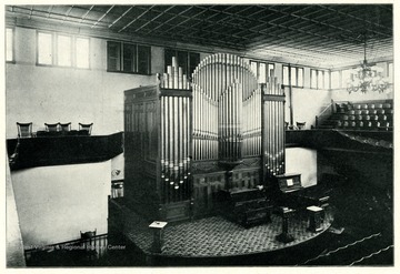 'Showing the new pipe organ, a gift to the University from two generous friends.  It adds greatly to the facilities of the School of Music and the attractiveness of general University life.'  This photo is from a booklet, 'West Virginia University and its Picturesque Surroundings,' 1901.