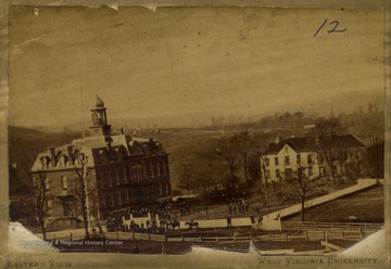 Martin Hall is on the left and Woodburn Seminary to the right. Martin Hall was the first building constructed for the University. Woodburn Seminary burnt down in 1873. Woodburn Hall was built soon afterwards on the site.