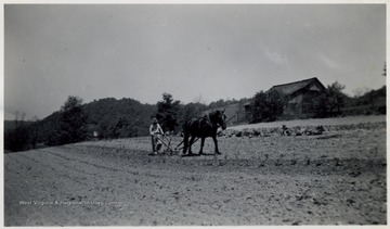 'Log barn in right background was built by Jesse Ellison sometime prior to 1835. 