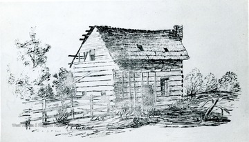 Residence of Colonel Evans, where the land commissioners met, one mile from Morgantown.  From a drawing by Miss Addie Ireland in 1900.  General Washington spent a night in this house in 1784. 