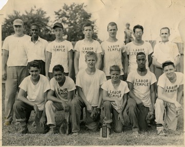 'Front: left to right: Fred Cappellanti, unknown, unknown, unknown, unknown, and Bill Dove. Back: left to right: unknown, unknown, Lucas,unknown, John Murphy, Sacco and unknown.' 