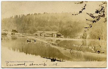 '"Evenwood, above the mill" (written by Dr. Ladwig). Same building, but from across the river or pond'.