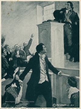 'This reproduction of Stanley Arthur's painting depicts the stirring scene of Woodstock on January 28, 1776, when Rev. Peter Muhlenburg, at the close of a patriotic sermon, threw aside his clerical robe and revealed the uniform of a Continental colonel. His text was from Eccl. 3: 1-8, "There is a time to every purpose under heaven..time of war, and a time of peace." While holding forth his commission in the army he declared the time to fight had come. He then raised the English Virginia Regiment, famous as the German Regiment, and served conspicuously throughout the Revolutionary War.'