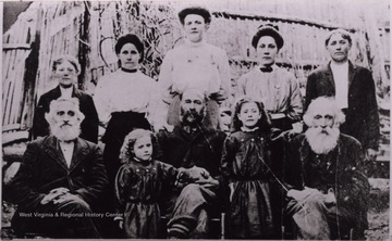 "Back: Elmer and Frances "Fanny", Emeline Gregory, Ora and Grover Pugh. Front: George Lewis Anderson, Vennie, Leaster, Retta and Lewis Curtis Pugh.