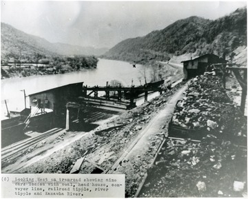 "Looking west on tramroad showing mine cars loaded with coal, head house, conveyor line, railroad tipple, river tipple and Kanawha River."