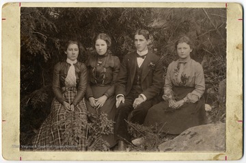 From "Beckley U.S.A." by Harlow Warren, p. 476, vol. 2. In book: "An excellent example of the early Vanity Fair, is this picture pf some Richmond District young people. Their dress is exquisite, for the period. Left to right: Lena Prince, Janet Carper, Walter Carper and Dora Carper (Miles)" (p. 476). On back of photograph: "Lewis Carper's son and daughter center."