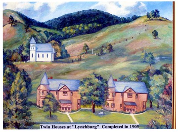 Twin houses at Lynchburg, Harrison County, W. Va. Painting by Rosemary Mills, Clarksburg, commissioned in the 1950s. Lynchburg now called Maken. Houses completed 1905.