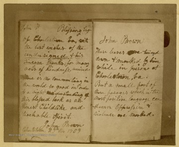 The inside leaves of John Brown's jail house Bible,including an inscription written by Brown to John Blessing. Before Brown's Execution, he presented the Bible to Blessing as show of gratitude for Blessing's acts of kindness. 
