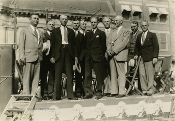 Picture includes: A. D. Kenamond, President of the Jefferson County Historical Society; Harry Gibson, first rural carrier; B. D. Gibson; Melvin T. Strider; Dr. Henry T. McDonald, Harpers Ferry; John Irvine, Post Master - Charles Town; Mayor Kearsly Wysong 