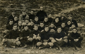 Post card team portrait of the 1909 West Virginia University Football Team in uniform.