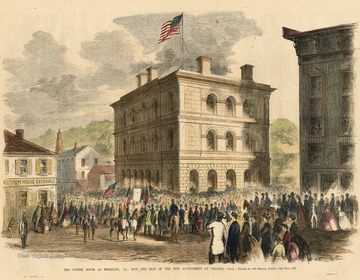 Now known as Independence Hall, delegates gathered here for the Second Wheeling Convention in the summer of 1861 and formed the Restored Government of Virginia. Subsequently a proposal was passed to create a new state. The caption reads, "Custom House at Wheeling, now the Seat of the New Government of Virginia".  This sketch was published in Frank Leslile's Illustrated.