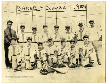 Back row, left to right: Coach Holepit, Chico, Hrybian, Bell, Tenney, Herko, Alexder, unidentified coach; Front row: Figiel, Chico, Lees, Bell, Holepit, and Goff. Baker and Coombs Construction Company built several West Virginia University buildings.