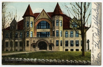 Color postcard print of the High School in Morgantown, Monongalia County, West Virginia.