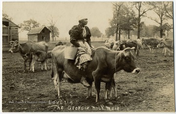 African-American woman holding a milking pail while sitting on a dairy cow.