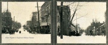 A winter scene in downtown Morgantown, includes people traveling by horseback and on foot on a snow covered High Street.