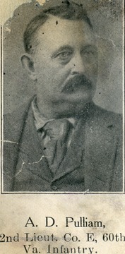 Company E, known as the "Bruce Rifles", was organized as an artillery unit and later, in August 1861 transferred to the 60th Infantry. Pulliam served as a second lieutenant.