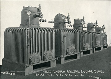 Ward launch boilers, square type. Created by Charles Ward Engineering Works in Charleston, West Virginia.