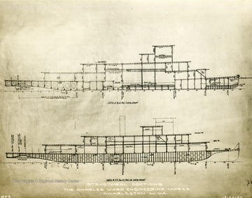 Drawn plans of structural sections of a diesel towboat created by The Charles Ward Engineering Works in Charleston, West Virginia.