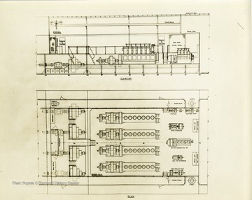 Floor plan for engine room of a diesel towboat built by The Charles Ward Engineering Works in Charleston, West Virginia.