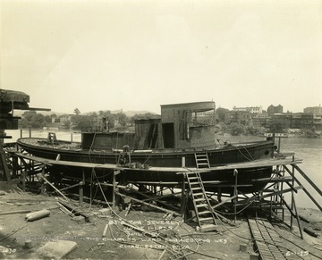The Tugboat, "Beverly" under construction by The Charles Ward Engineering Works in Charleston, West Virginia on the Kanawha River.