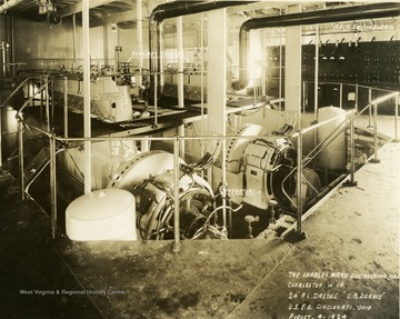 Photograph has a few objects labeled in the engine room. The vessel was built by The Charles Ward Engineering Works in Charleston, West Virginia.