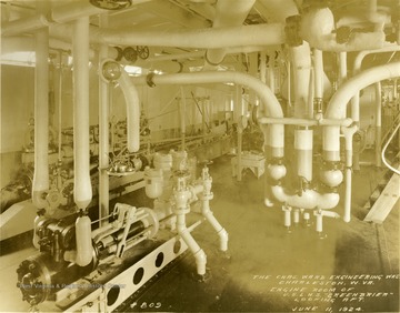 Photograph of the engine room inside the U.S.L.H.S. Greenbrier built by The Charles Ward Engineering Works in Charleston, West Virginia.