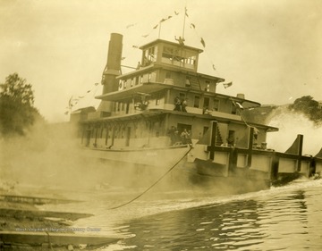 Launch of Indiana Turbine Electric Towboat built by The Charles Ward Engineering Works in Charleston, West Virginia. Note the reaction of those on board as the ship is launched.