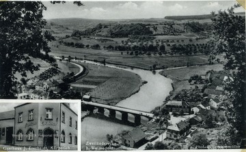 This post card photograph was included in West Virginia University student, Charles K. McWhorter's narrative documenting his military experiences during World War II. The Our River on the right, borders between Luxembourg and Germany.  This area was on the heavily fortified Siegfried Line in Germany. After a bloody five day offensive in January, 1945, McWhorter's unit, the 319th Infantry of the 80th Division broke through the line into Germany. 