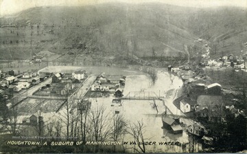 Postcard photograph of Houghtown, a suburb of Mannington, West Virginia, underwater after a flood. See original for note written on the back of the post card.