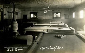 Pool Room with pot-belly stove at the C.H. Mead Coal Company.