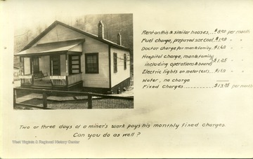 Inscribed on the bottom of the postcard: "Two or three days of a miner's work pays his monthly fixed charges. Can you do as well?" See the original image for the list of charges. The advertisement was used by the C.H. Mead Coal Company in Beckley, West Virginia.