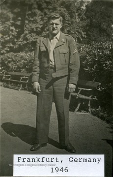 A uniformed Corporal Carpenter strikes a casual pose in Post World War II Frankfurt, Germany.