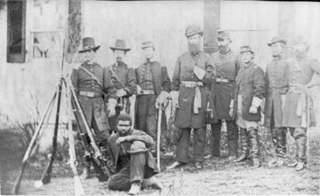 Geary commanded the 28th Pennsylvania Regiment and several other companies in the Harpers Ferry and Sandy Hook areas during the Union Army occupation in 1861. Identified officers are, L to R: 3rd from left, Captain Thomas Hollingsworth; 4th, General John Geary; 5th, Major Hector Tyndale.
