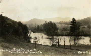 Photograph postcard of Corricks Ford on the Cheat River where Union forces commanded by General Thomas Morris, defeated Confederate troops under General Robert Garnett, July 13,1861. Garnett was killed in the fight, the first general officer to die in action in the Civil War.