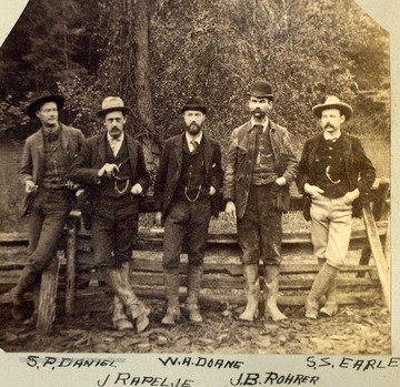 Some of the engineers working on the Ohio extension of the Norfolk and Western Railroad. Left to Right: S. P. Daniel; J. Rapelje, W. A. Doane, J. B. Rohrer, S. S. Earle.