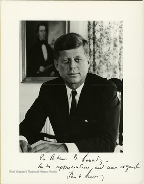 Inscribed on the bottom of the photograph: " To Arthur B. Koontz - with appreciation and warm regards,  John F. Kennedy".  Koontz was from Charleston , West Virginia and at one time a United States Senator and a member of the Democratic National Committee, 1940-1958.