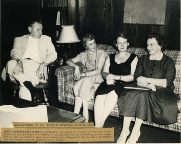 Caption reads: "Members of the board of directors of the local Youth Center are pictured . . . at a meeting to discuss plans for the remodeling of the center. Left to right: Walter L. Hart, Center Director Mrs. Margaret M. Barrick, Mrs. L. M. Strawn and Mrs. Chester Edwards."