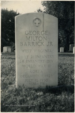 Barrick was in the infantry during War World II, seeing action in the Battle of Bulge. He was commissioned a Second Lieutenant and served with 21st Infantry-24th Division in Korea. He was born December 1, 1923 and killed in action July 12th, 1950 in Korea. 