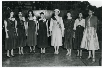 Information on p. 124 in "Our Monongalia" by Connie Park Rice. Information with the photograph includes "Courtesy of Charlene Marshall."Second from left is Kelly Miller from Clarksburg, followed by Charlene Marshall, Linnie Mae from Morgantown. The next two are unidentified from Parkersburg. Rest are unidentified.