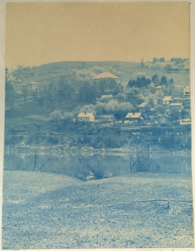 This image was developed with, among other chemicals, cyanide causing the blue color. The type of print was called a cyanotype.