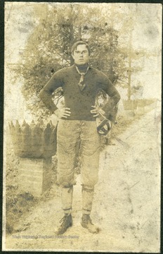 Vance Harvey was the son of W. F. Harvey. Information with the photograph includes "Taken when a member of football team at Ellicot City College, Maryland, killed in mine not long after through school. Slate Fall. He was trained as a mine executive but was in the mine and was killed."