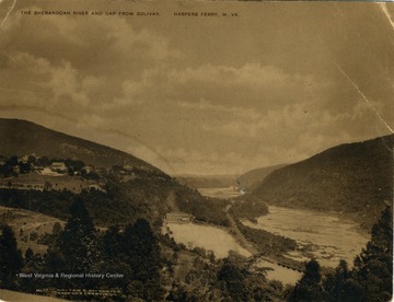 Described as a "Sepia Albertype Card", includes an elevated view of the Shenandoah Canal and Virginius Island next to the river.