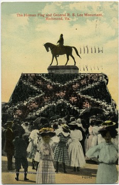 Printed on the back of this postcard, "The flag was made up of children from the schools of Richmond, the occasion being the unveiling of a monument to [Confederate] President Jefferson Davis". There is also correspondence and a postmark dated October 28, 1912.