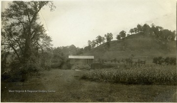 The chimney base and well can be seen to the left of the covered bridge next to the tree.