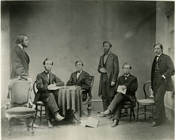 Possible identifications includes, L to R: 1st-Arthur Boreman; 3rd-Andrew Wilson; 4th D.D.T. Farnsworth; 5th- Henry Dering; 6th- Gibson Cranmer.